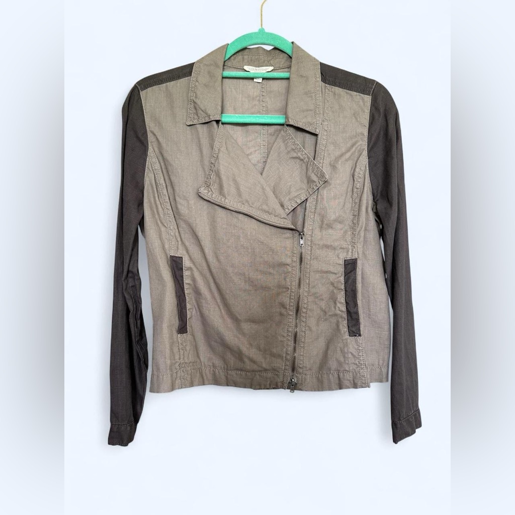 Eileen Fisher 100% Organic Cotton Brown And Tan Moto Jacket Medium Petite